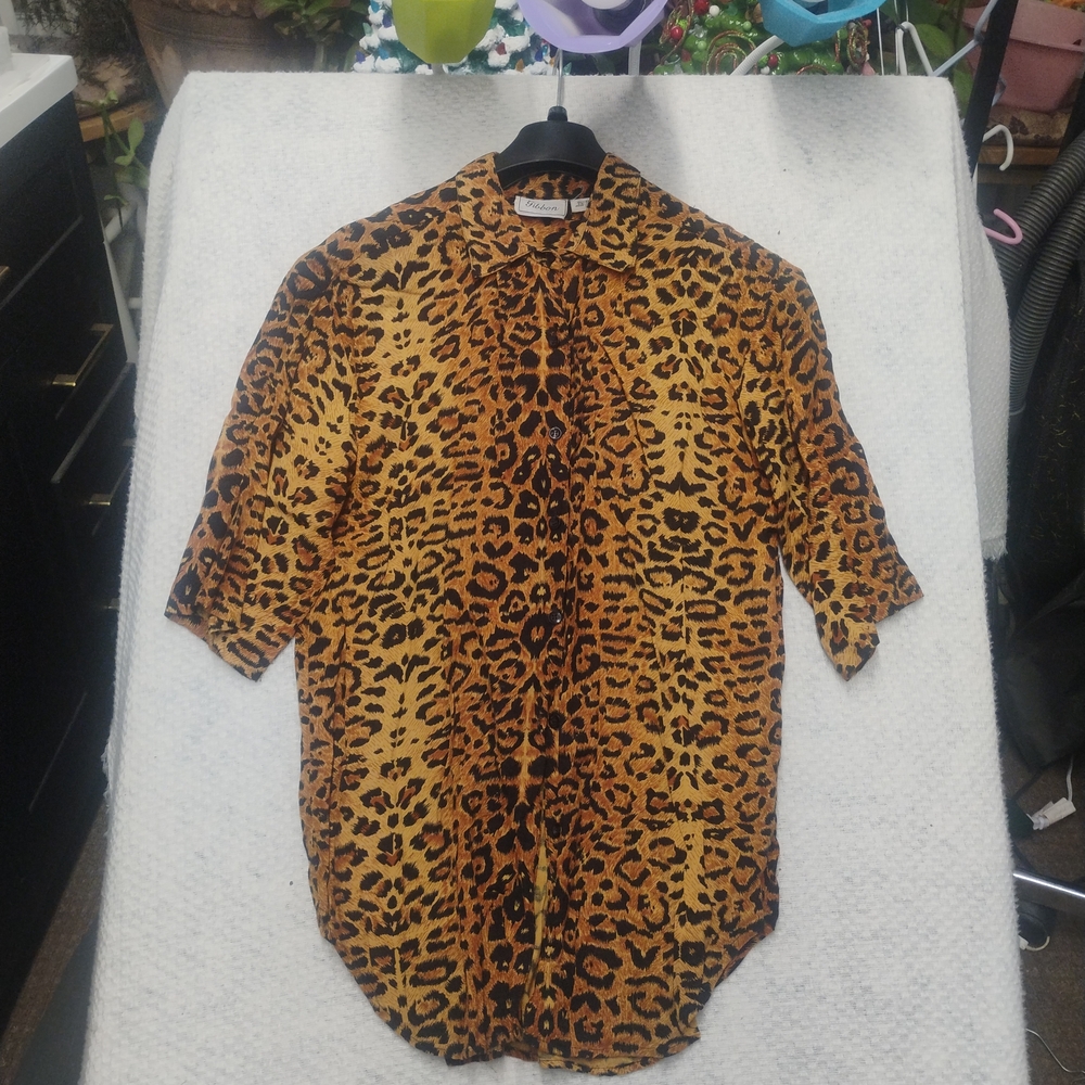 Vintage Gibbon Women’s Small Gold Leopard Animal Print Blouse 3/4 Sleeve Safari